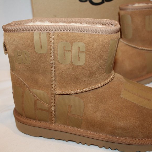 NIB UGG LOGO MINI SUEDE SHEARLING LINED YOUTH GIRL'S BOOTS CHESTNUT - Picture 4 of 7